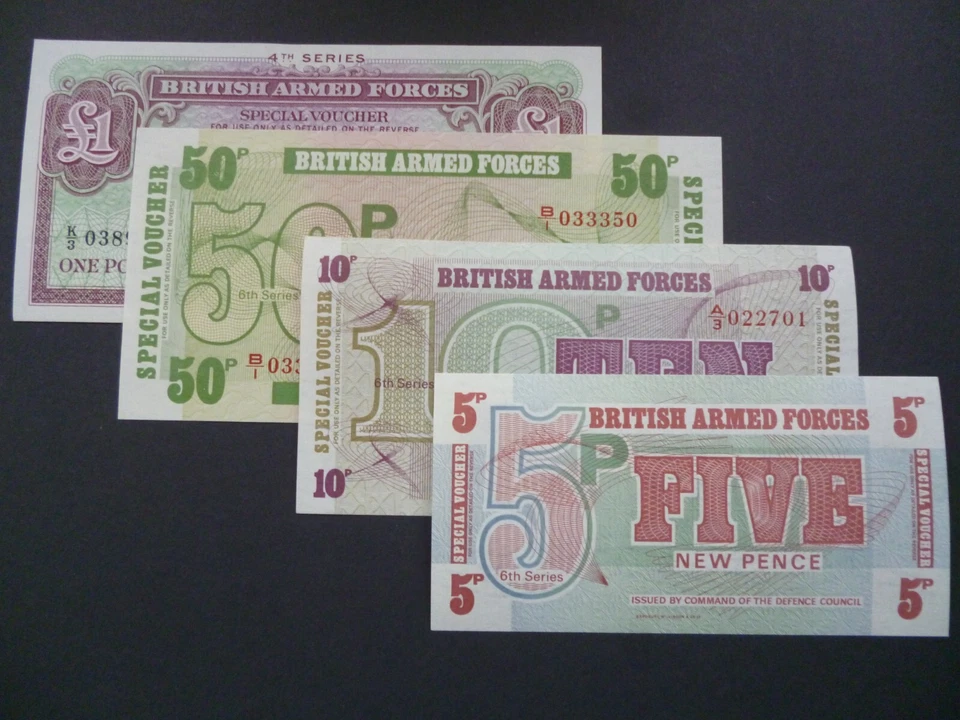 BRITISH MILITARY ARMED FORCES SPECIAL VOUCHERS SET OF FOUR NOTES UNCIRCULATED. - Image 1 of 4