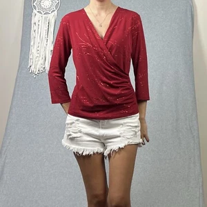 Liz Jordan Top Womens Small Red Glitter Crossover Wrap Christmas Xmas Party Y2K - Picture 1 of 13