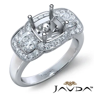 Diamant Verlobungsring 3 Steine Milgrain Kissen Halbfassung Heiligenschein Pavé 1,05 ctw - Bild 1 von 29