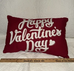 Happy Valentine's Day Pillow Red Obling Lumbar Embroidered Letters 12 x 20” - Picture 1 of 7