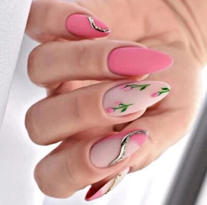 24pcs M Almond Pink Flower Gold Fake Nail False Nails Press On Nails Glue - Picture 1 of 9