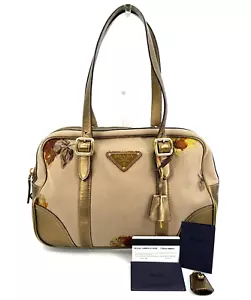 PRADA Bowling Bag Canvas Leather Tote Boston Flower Pattern Gold Authentic - Picture 1 of 23