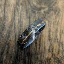 New 6mm Wide Damascus Steel Ring with 14k Solid Yellow Gold Inlay