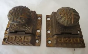 Pair (2) Antique Eastlake Cast Iron Cupboard Pantry Latch Lock w Original Keeper - Picture 1 of 6