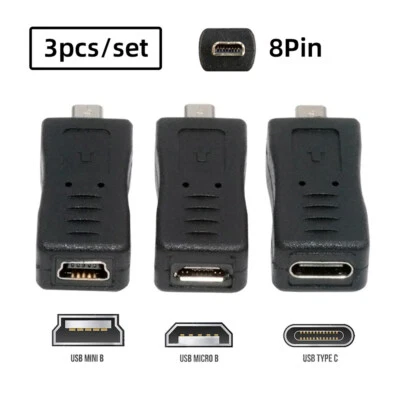 3Pack USBC/Mini USB/Micro USB to Mini 8Pin Camera Data Transfer Charging Adapter - Image 1 of 4