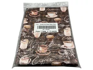 Coffee Print Cotton Calico Fabric 2 Yards Espresso Cappuccino Latte Java Design - Picture 1 of 4