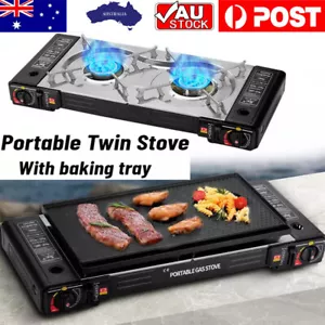 Outdoor Portable Twin Stove Camping Hiking 2 Burner Gas Grill BBQ Cooker + Plate - Picture 1 of 16