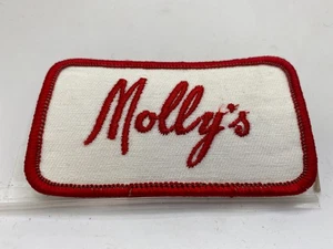 MOLLY'S   USED EMBROIDERED SEW ON NAME PATCH TAGS RED ON WHITE 2 X 3-1/2 - Picture 1 of 2