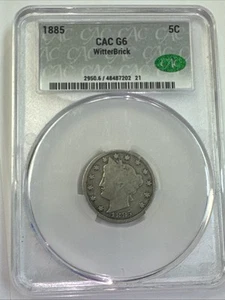 1885 Liberty V Nickel Silver CAC G6 Witter Brick. - Picture 1 of 9