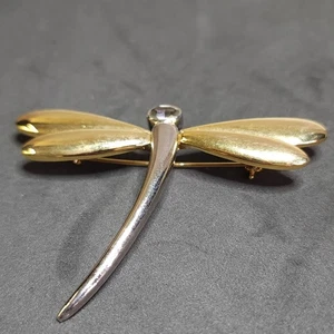 Dragonfly Brooch Pin Gold Silver Tone Rhinestone Signed LC Jewelry Vintage - Picture 1 of 10