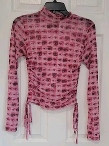 The Ragged Priest High Neck Cropped Ruched Longsleeve Pink Sheer Top Sz 8 - Picture 1 of 7