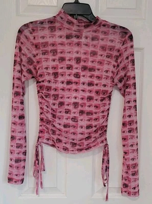The Ragged Priest High Neck Cropped  Ruched Longsleeve Pink Sheer Top Sz 8 - Image 1 of 4