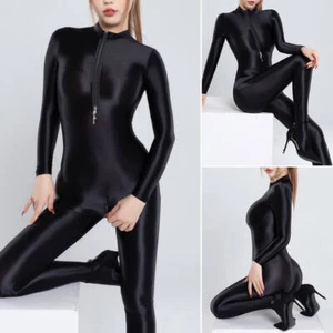 Women Long Sleeve Satin Catsuit Oil Shiny Glossy Bodysuit Zipper Footed Jumpsuit - Picture 1 of 23
