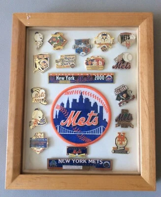 NEW YORK METS ASSORTED PIN COLLECTION (16) WITH PATCH FAN MADE WITH WOOD FRAME  - Image 1 of 4