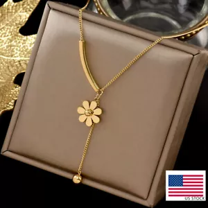 Woman 18K Gold Plated Stainless Steel Daisy Flower Charm Tassel Chain Necklace - Picture 1 of 4