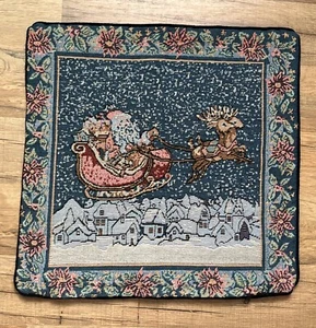 VTG Santa’s Sleigh over the Village Christmas Throw Pillow Cover Navy Trim 15” - Picture 1 of 9