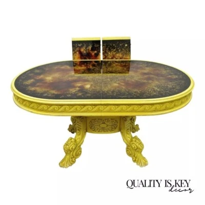 Mesa de jantar estilo rococó barroco francês oval arte glomise tampo de vidro amarelo - Imagem 1 de 4