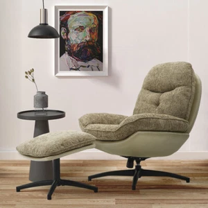 Modern Chenille Swivel Recliner Single Occasional Lounge Armchair and Footstool - Picture 1 of 12