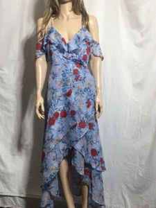 Women's NWT Bardot Cold-Shoulder High-Low Blue Floral Dress Size US 8/M - Picture 1 of 9