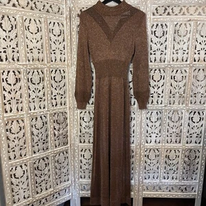 VTG 70s Wenjilli Copper Metallic Disco Slinky Knit Lurex Glitter Dress 9/10 - Picture 1 of 12