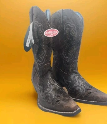 NOVAS Botas de Cowboy Femininas Laredo Lucretia Couro Preto Bronzeado Cravejado 11M - Imagem 1 de 4