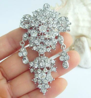 Elegant 2.95 Inch Clear Rhinestone Crystal Flower Brooch Pin Pendant EE03543C1 - Image 1 of 4