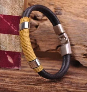 G38 New Surfer Hemp Wrap Leather Handmade Men's Wristband Bracelet Cuff Brown - Picture 1 of 7