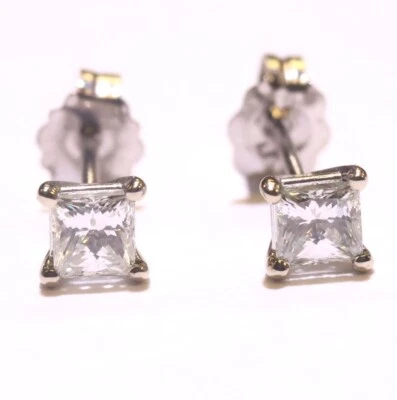 New 14k White Gold .43ct Princess VS1 G-H  Diamond Stud Earrings .6g Estate - Image 1 of 4
