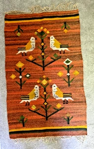Vintage Polish Folk Art Flat Woven Wool Rug Tapestry Wall Hanging W/ Birds - Picture 1 of 10