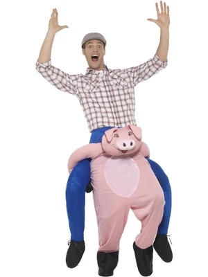 Smiffys Piggyback Pig Costume, Pink One Piece Suit with Mock Legs, Funny Fancy D - Image 1 of 3