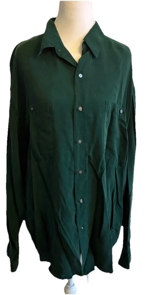 Camisa de vestir de colección años 90 para hombre 100 % seda verde bosque manga larga lujo 2 bolsillos L Foto 1 de 4