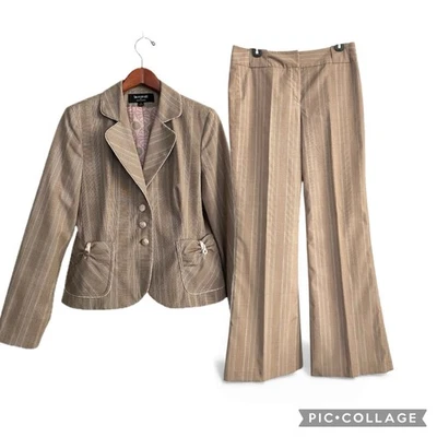 Larry Levine Retro Floral Forrado Rosa Rayas Marrón Traje Blazer Pantalones Talla 8 Foto 1 de 4