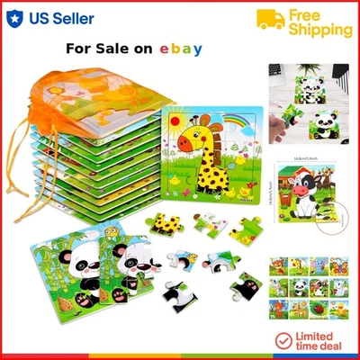 Wooden Animal Jigsaw Puzzles 12 Pack Educational Toddler Toys Kids Ages 2-5 - Image 1 of 4