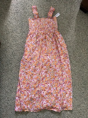Vestido midi para el sol ajustado y acampanado OLD NAVY con bolsillos laterales naranja rosa floral M Foto 1 de 4