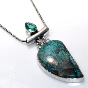 Amazing Chrysocolla Blue Topaz 925 Silver Plated Gemstone Necklace 17" AU S522 - Picture 1 of 3