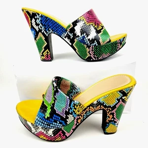 Womens Mules Sandals Multicolor Snake Print Block High Heel Open Toe Size 6 - Picture 1 of 12