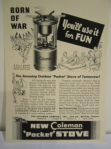 DE COLECCIÓN 1940 SEGUNDA GUERRA MUNDIAL COLEMAN ESTUFA DE BOLSILLO EXTERIOR "NACIDO DE LA GUERRA" LETRERO ANUNCIO   - Imagen 1 de 6