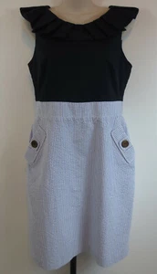 I.N. Studio Dress Womens Size 10 Navy Blue Ruffle Collar Searsucker Skirt Sheath - Picture 1 of 7