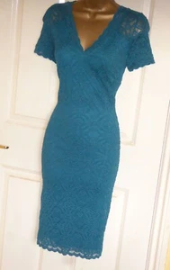 Stretchy Teal lace vintage 40s 50s pencil wiggle evening cocktail dress sz 10 12 - Picture 1 of 3