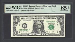 United States-Federal Reserve 1 Dollar 2003A Fr#1930-B (BJ Block) UNC Grade 65 - Picture 1 of 2