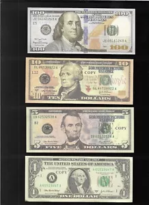 (4) USA $100, $10,$5.$1. dollar banknote Motion Picture Purposes & Copies NM - Picture 1 of 6