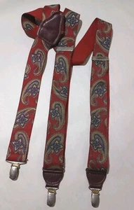 Vintage CAS Germany Elastic/Leather Suspenders Paisley Braces Patina Metal Clips - Picture 1 of 12