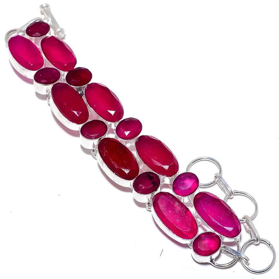 Ruby(Simulated) Gemstone Handmade 925 Silver Bracelet 7-8" R-2141 - Image 1 of 1