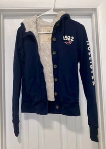 Hollister Sherpa Lined Hoodie Jacket, Navy Blue Button Down, Youth Teen XS - Picture 1 of 8