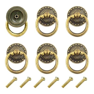 6 Pcs Antique Brass Drop Ring Drawer Pulls Vintage Cabinet Ring Handles - Picture 1 of 5