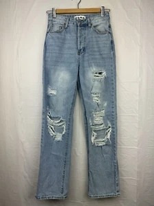 Women's S.O.N.G (3/26) 90's Stonewash Blue Distressed Boyfriend Button Fly Jeans - Picture 1 of 9