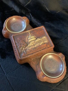 Vintage MCM Syroco US Capital Cigarette Box Faux Wood With glass Ashtrays - Picture 1 of 16