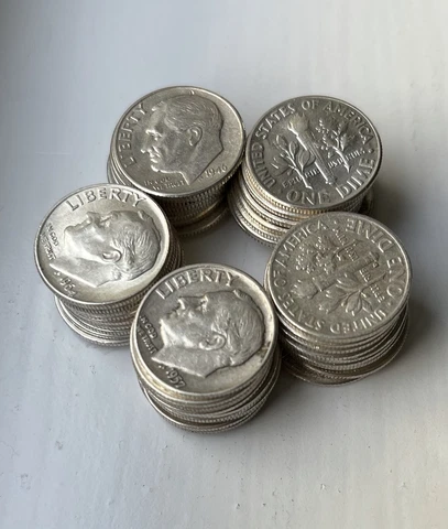 Roosevelt Dime Full Roll, 50 Coins - 90% Silver - Circulated, Choose How Many! Cover