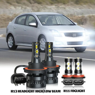 适用于日产 Sentra 2004 - 2010 4 件 6000K LED 车头灯高/低 + 雾灯灯泡套件 — 第 1/4 张图片