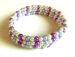 3 Coil Multi Coloured Glass Pearl Seed Bead Memory Wire Bangle / Bracelet. - Picture 1 of 4